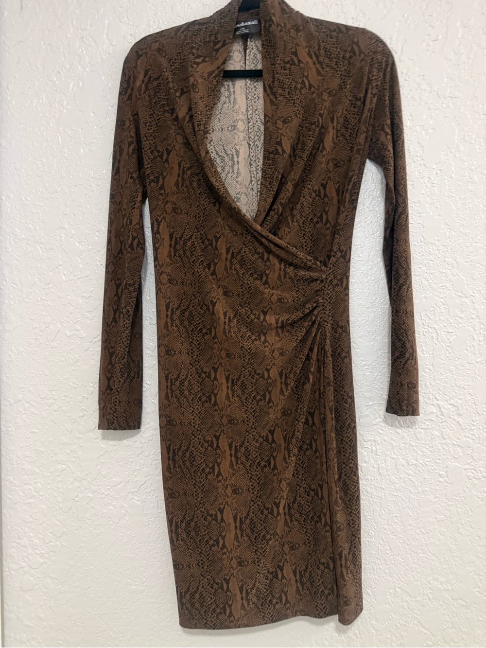 Norma Kamali Brown Snake-Print Long Sleeve Wrap Dress